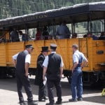 Narrow gauge train conductors meeting in Silverton